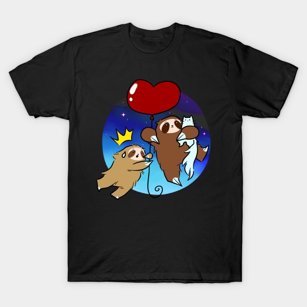 Heart Balloon Sloths and Cats - Night Sky T-Shirt by saradaboru